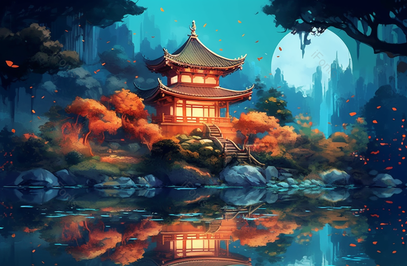 中国风山水凉亭亭台楼阁圆月夜空下宁静的湖面插画,插画/手绘图,插画/手绘图库,插画/手绘图下载,插画/手绘